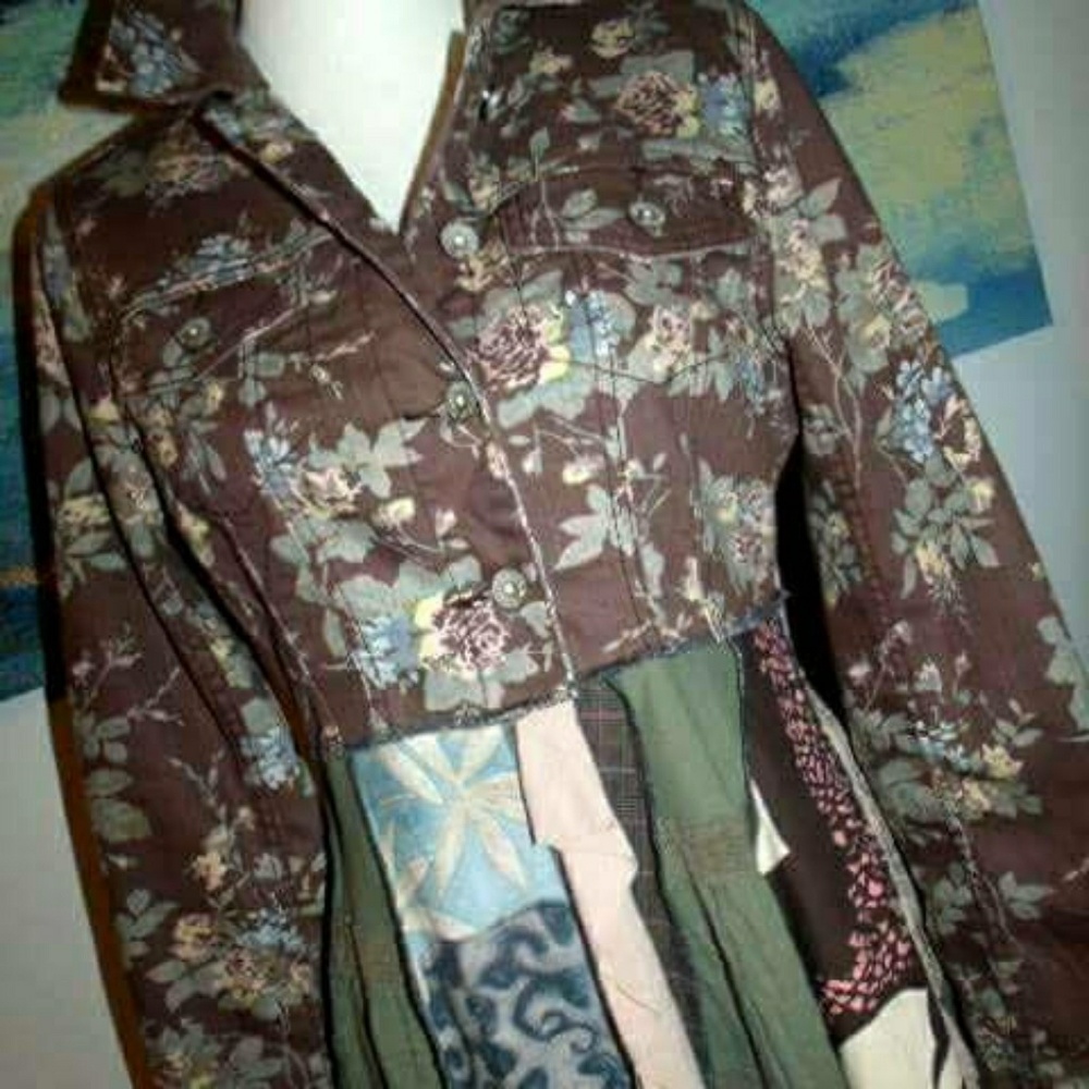 Large upcycled floral jean jacket chic boho